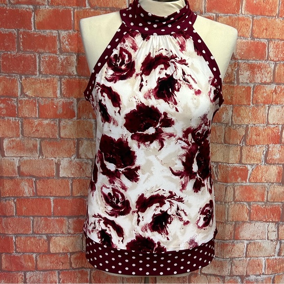 White House Black Market Tops - White House Black Market Polka Dot and Floral Tie Back Halter Neck Top